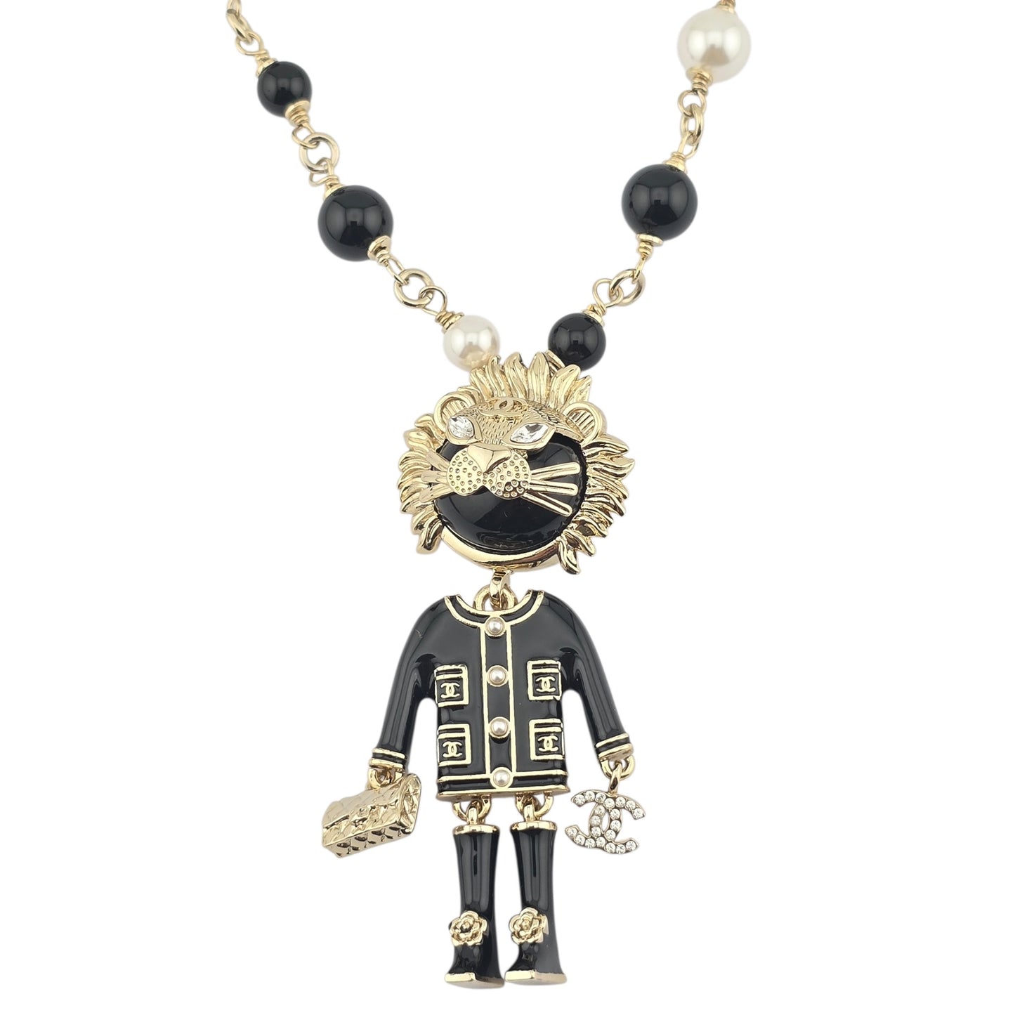 CHANEL ENAMEL CRYSTAL PEARL CC LION NECKLACE BLACK WHITE B22