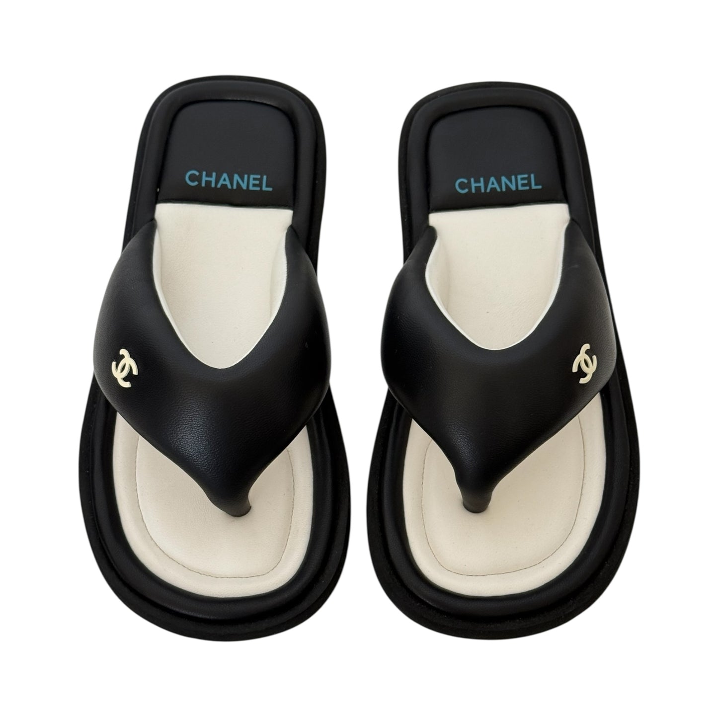 CHANEL CC LAMBSKIN PADDED BLACK THONG SANDALS - 39