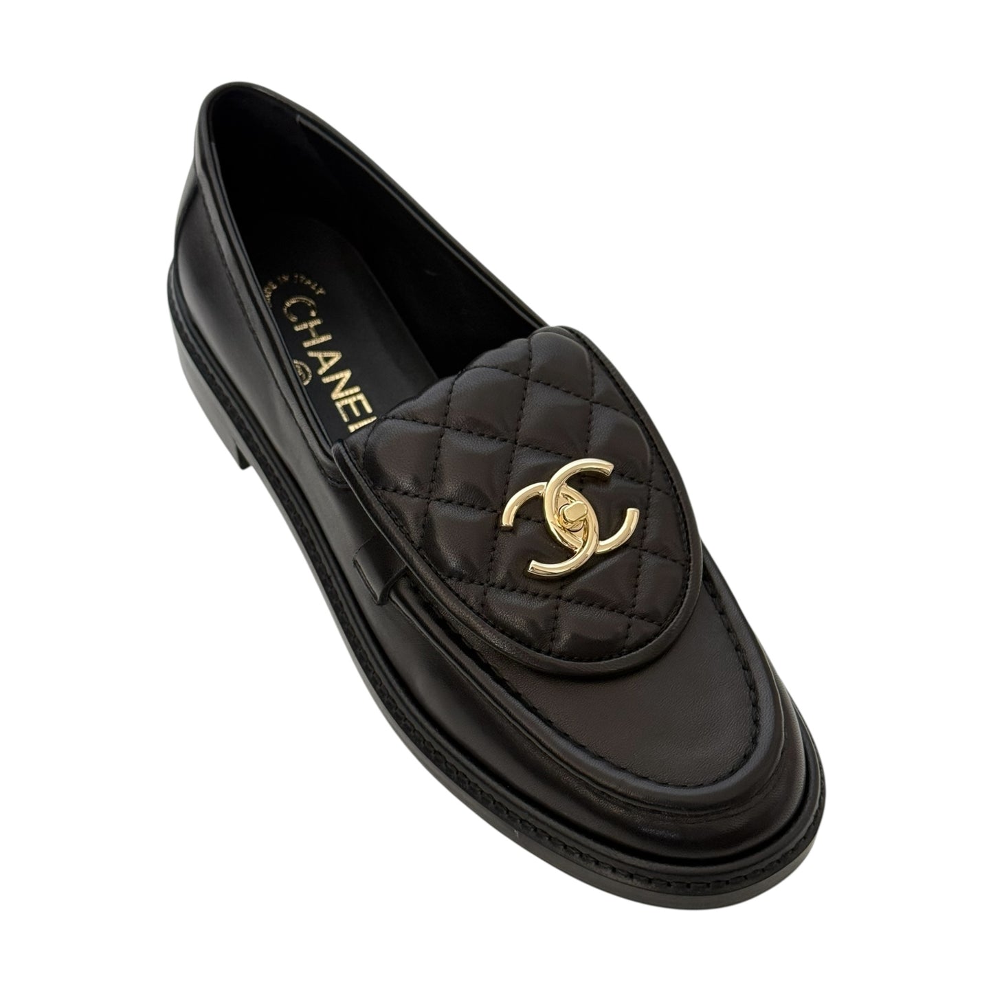CHANEL CC BLACK LAMBSKIN QUILTED TURNLOCK LOAFERS - 39