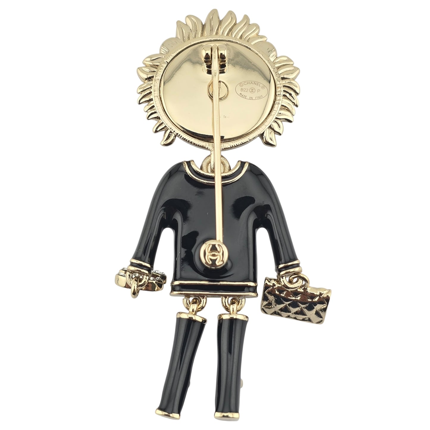 CHANEL ENAMEL CRYSTAL PEARL CC LION BROOCH BLACK WHITE B22