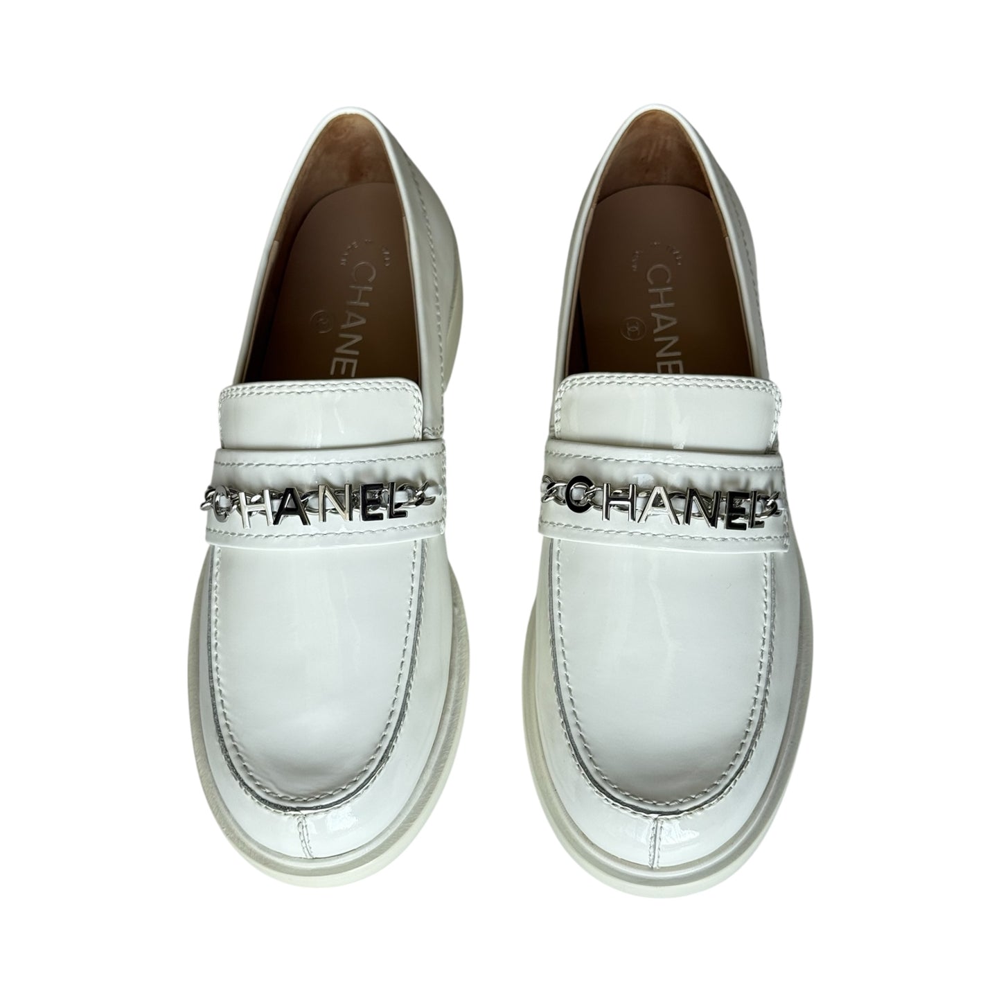 CHANEL WHITE SHINY CALFSKIN LOGO LOAFERS - 39