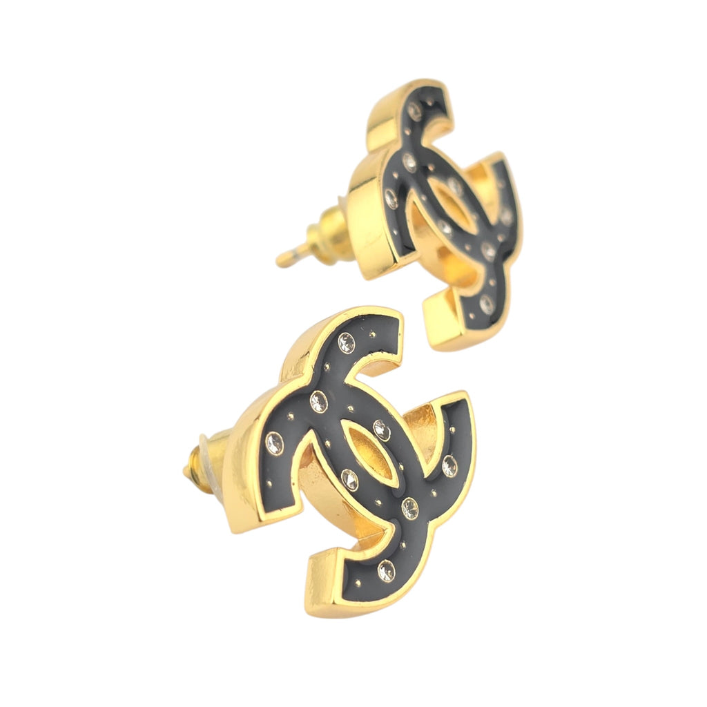 Chanel CC Metal Resin Logo Stud Earrings Gold Black 2025 CHANEL