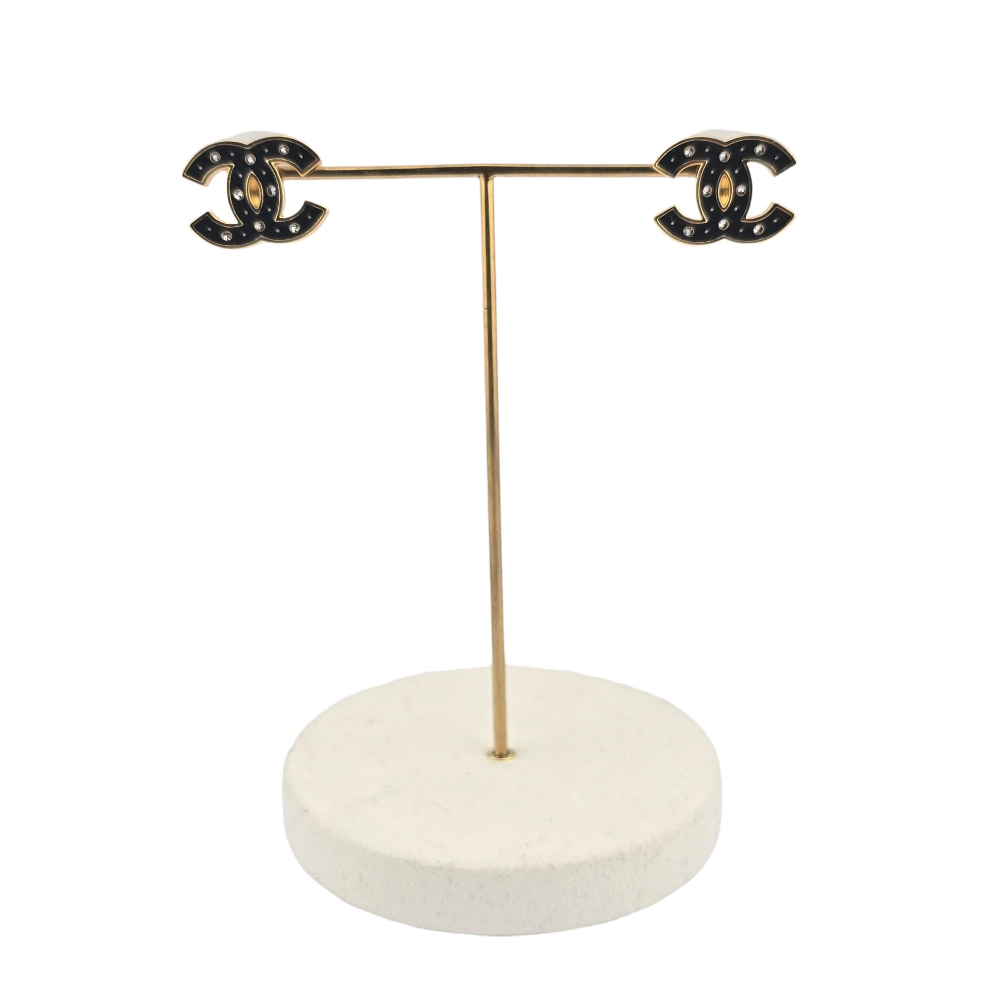 Chanel CC Metal Resin Logo Stud Earrings Gold Black 2025 CHANEL