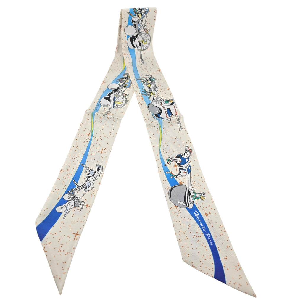 Hermes Silk Twilly "Space Derby" Creme and Bleu Multi