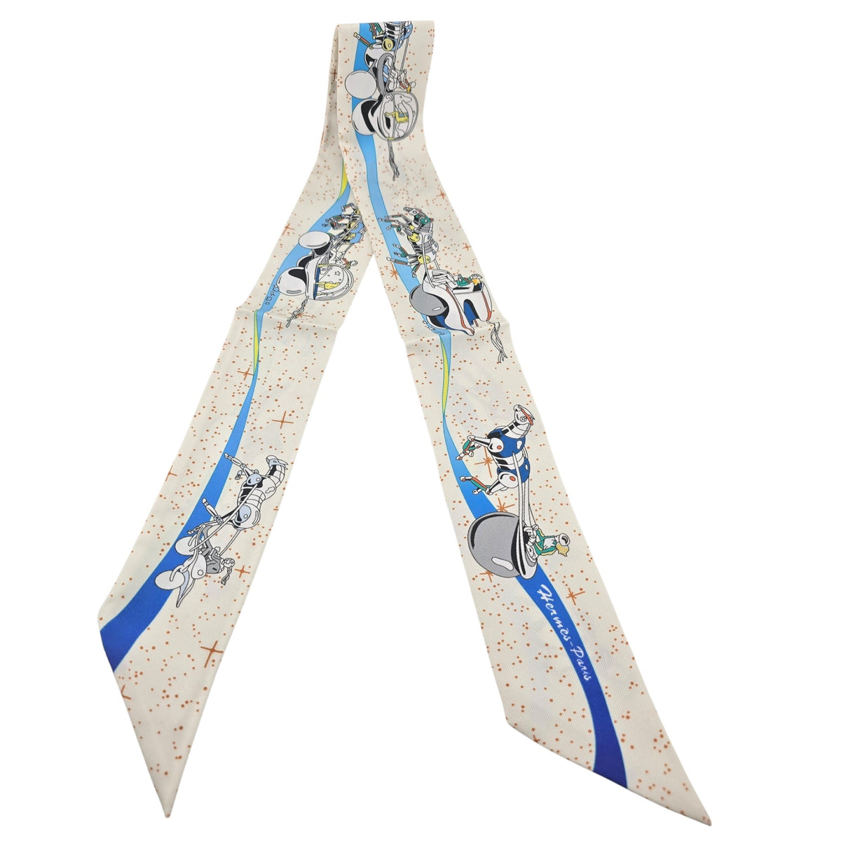 Hermes Silk Twilly "Space Derby" Creme and Bleu Multi