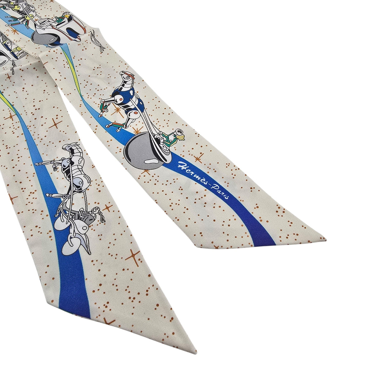 Hermes Silk Twilly "Space Derby" Creme and Bleu Multi
