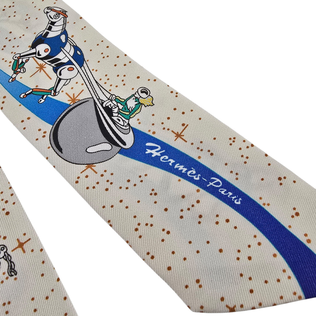 Hermes Silk Twilly "Space Derby" Creme and Bleu Multi