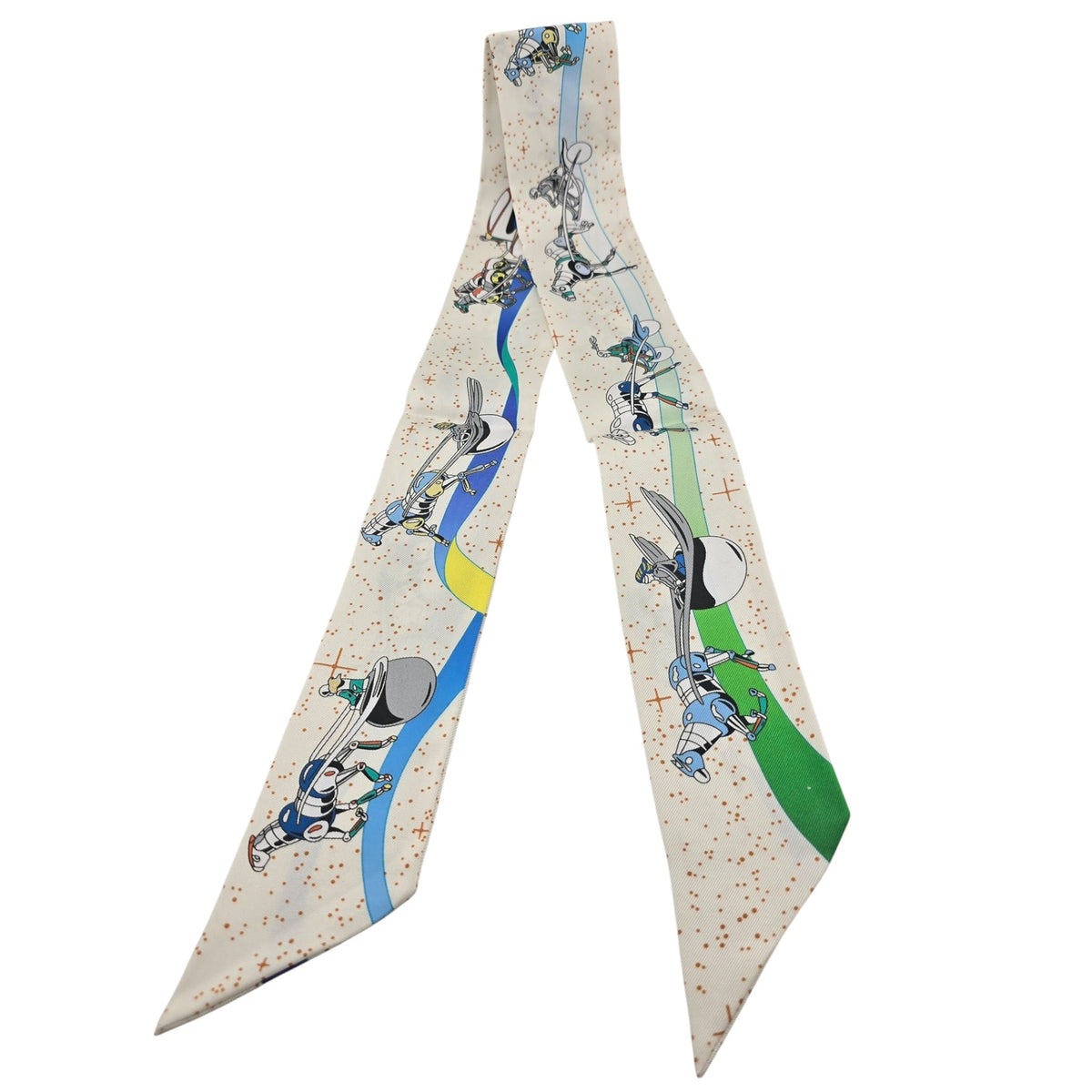 Hermes Silk Twilly "Space Derby" Creme and Bleu Multi