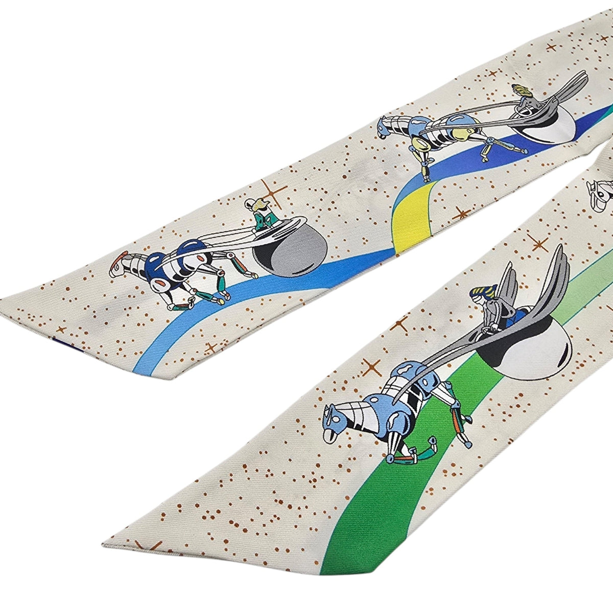 Hermes Silk Twilly "Space Derby" Creme and Bleu Multi