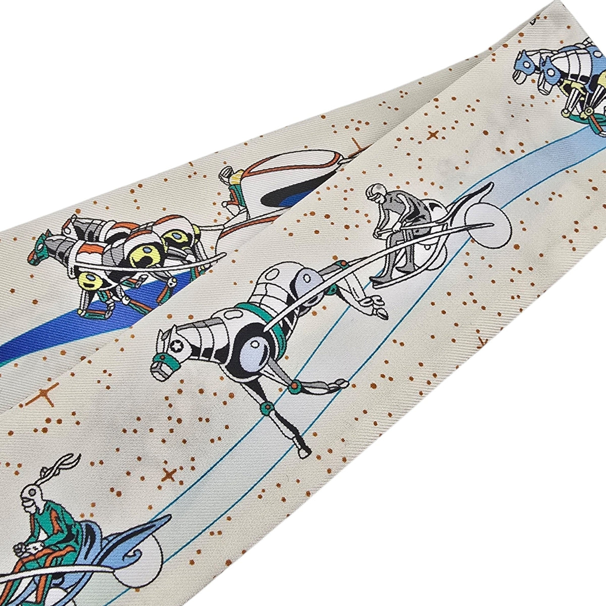 Hermes Silk Twilly "Space Derby" Creme and Bleu Multi