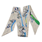 Hermes Silk Twilly "Space Derby" Creme and Bleu Multi