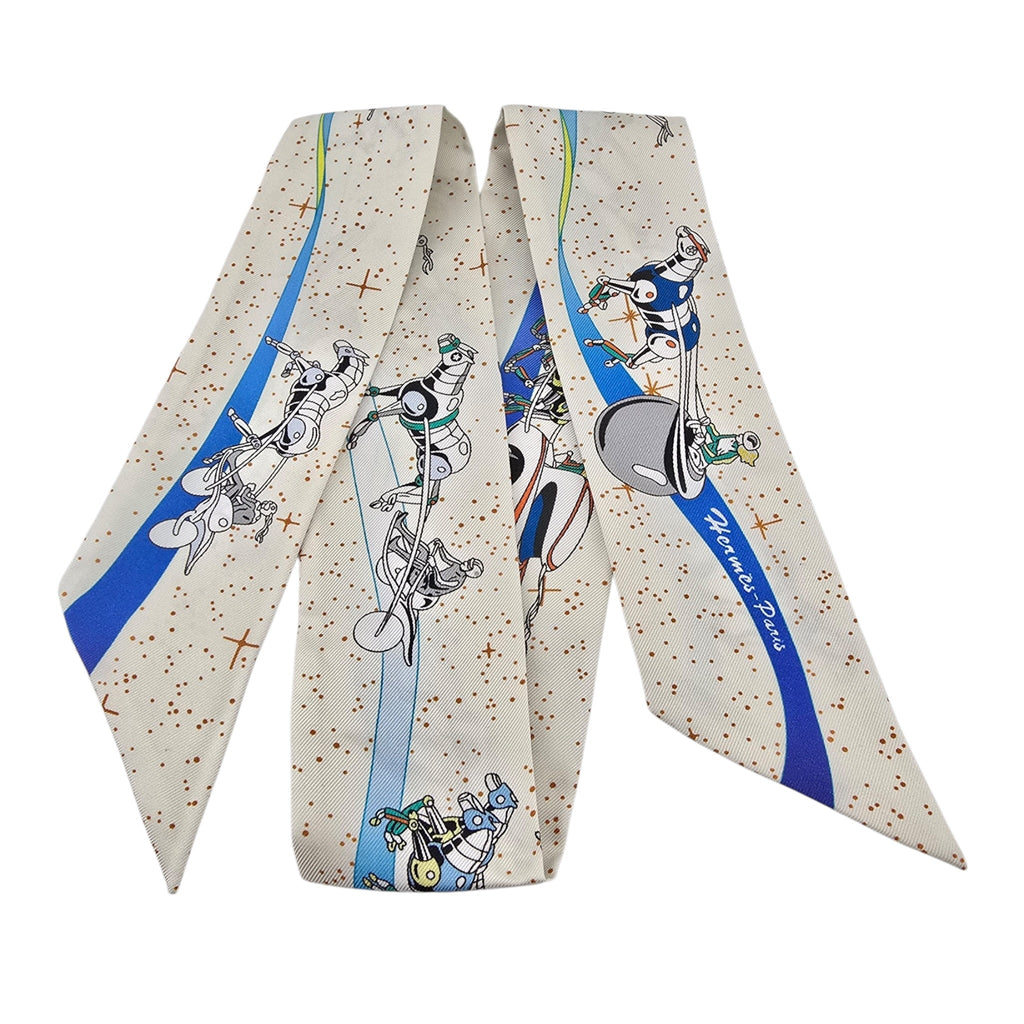 Hermes Silk Twilly "Space Derby" Creme and Bleu Multi