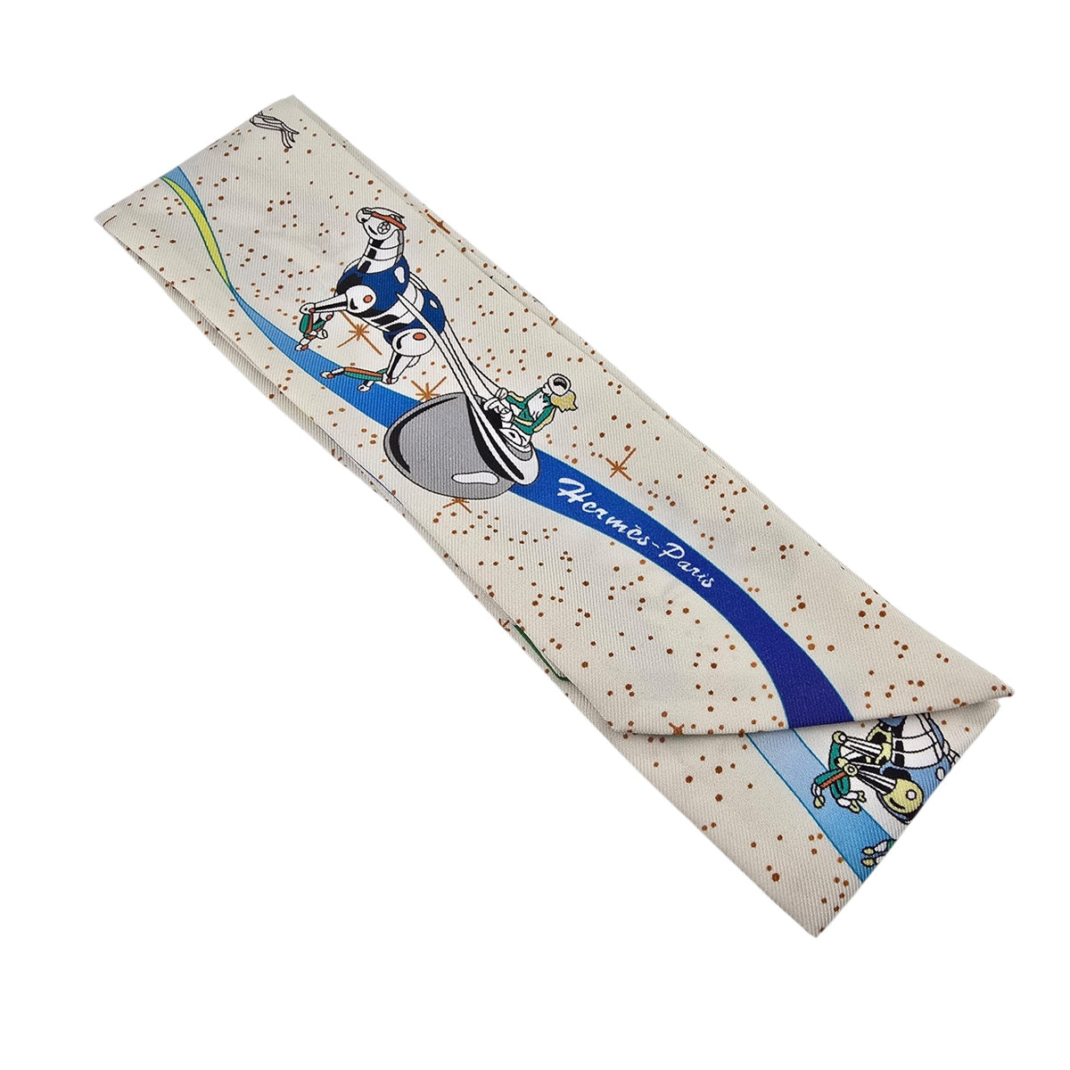 Hermes Silk Twilly "Space Derby" Creme and Bleu Multi