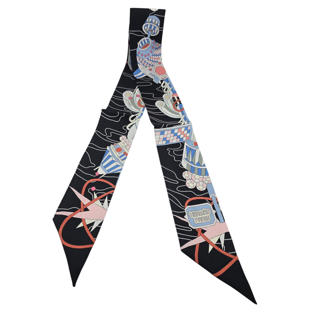 Hermes Silk Odyssey Twilly Black Bleu Ciel Rose