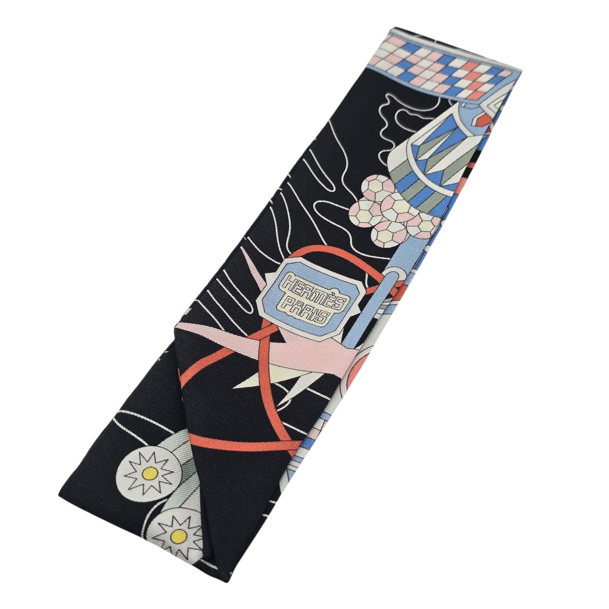 Hermes Silk Odyssey Twilly Black Bleu Ciel Rose