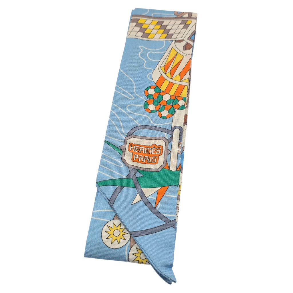 Hermes Silk Odyssey Twilly Beige Bleu Ciel Jaune Vif