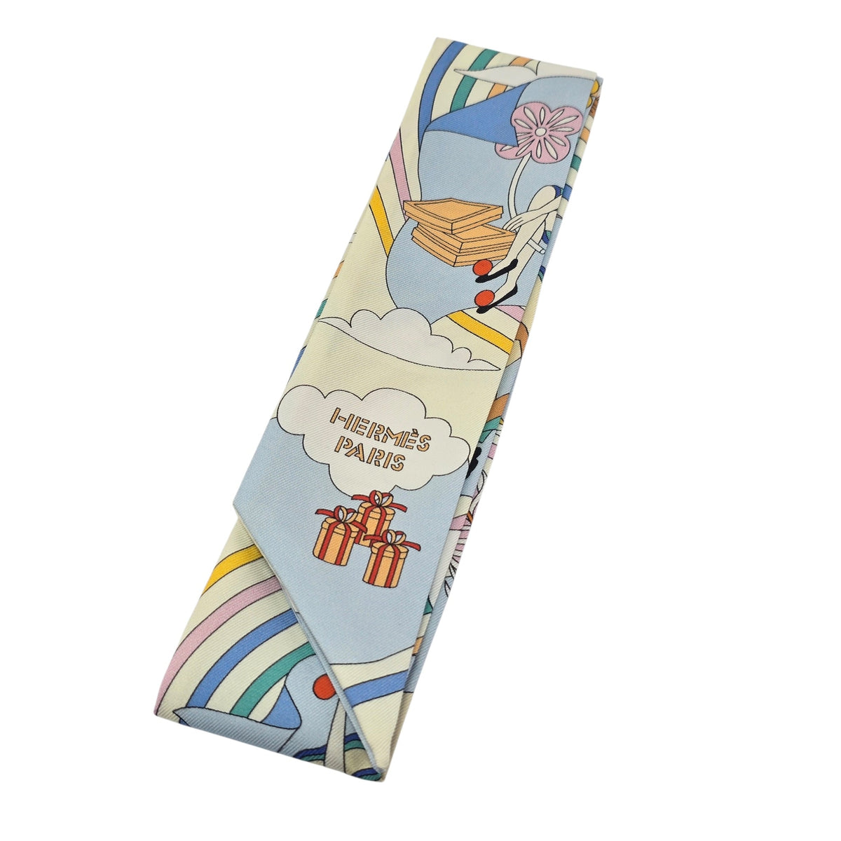 Hermes Silk Twilly Carrés Volants Gris Perle, Rose Pale