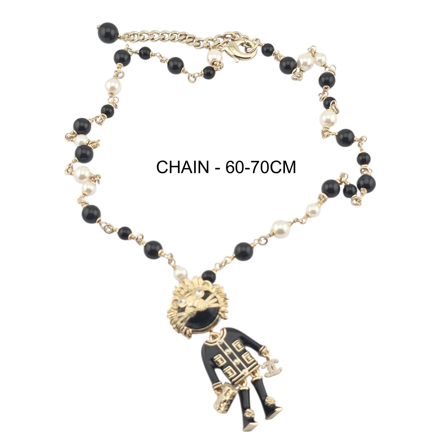CHANEL ENAMEL CRYSTAL PEARL CC LION NECKLACE BLACK WHITE B22