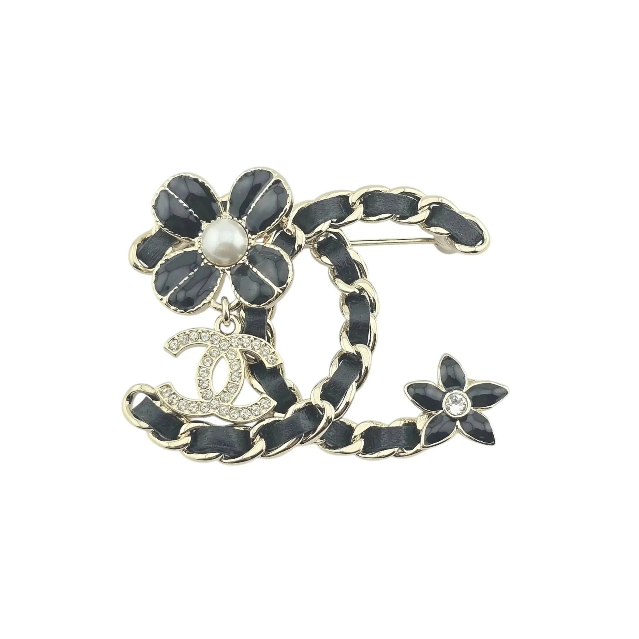 Chanel CC Black Leather Floral Brooch 2022 CHANEL