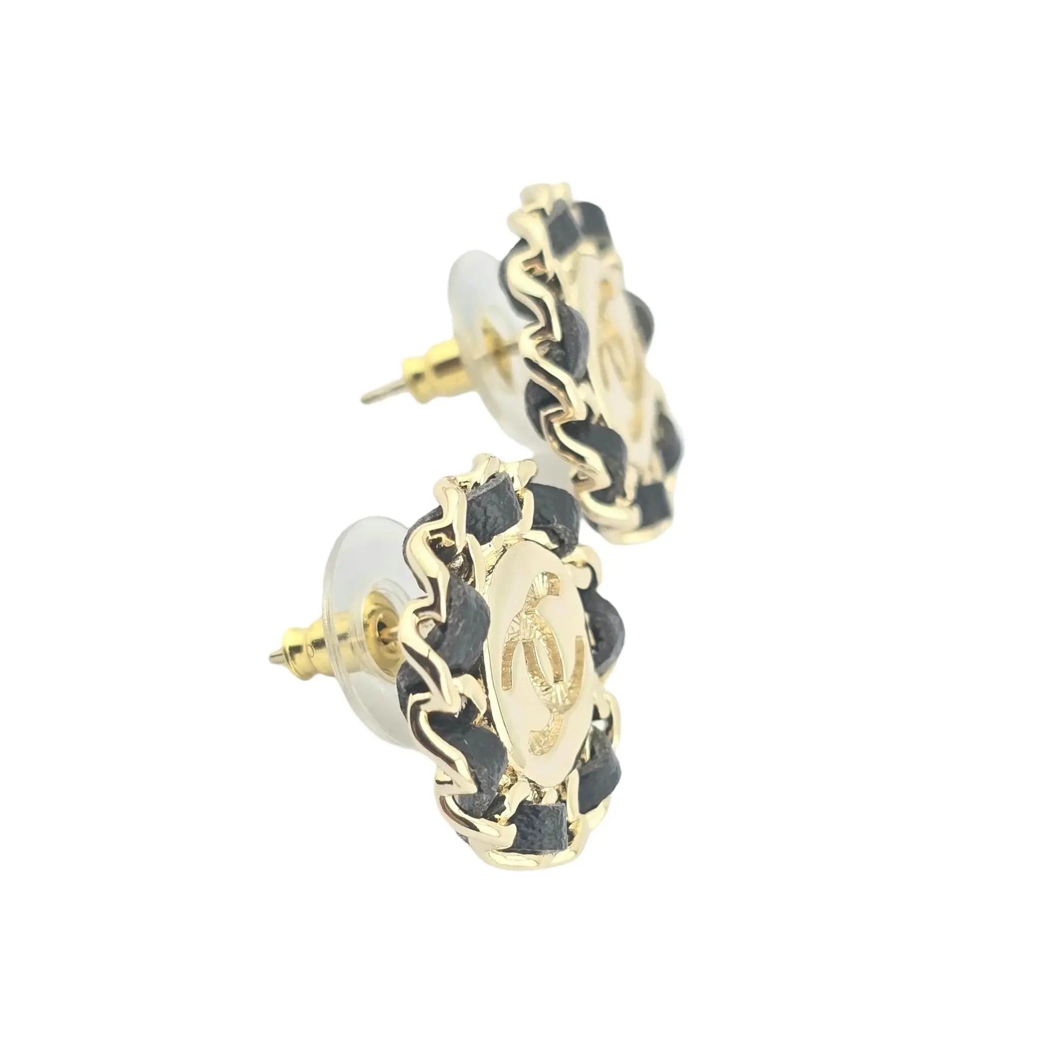 Chanel CC Black Leather Gold Round Earrings 2025 CHANEL