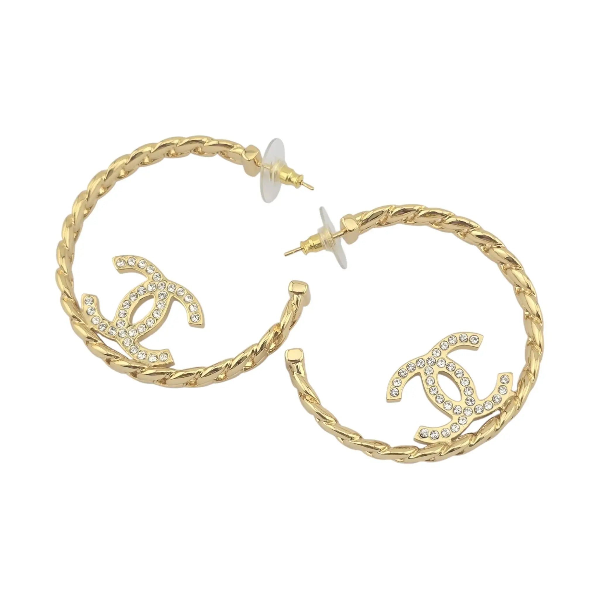 Chanel CC Crystal Hoop Earrings Gold CHANEL