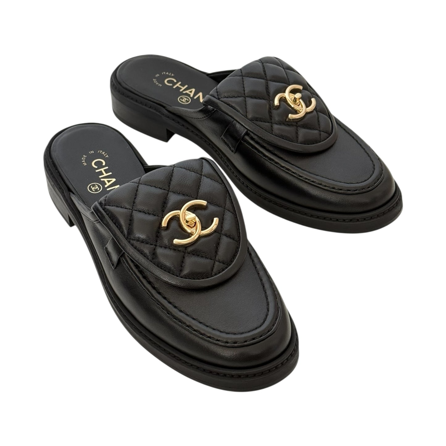 CHANEL CC BLACK TURNLOCK MULES - 39