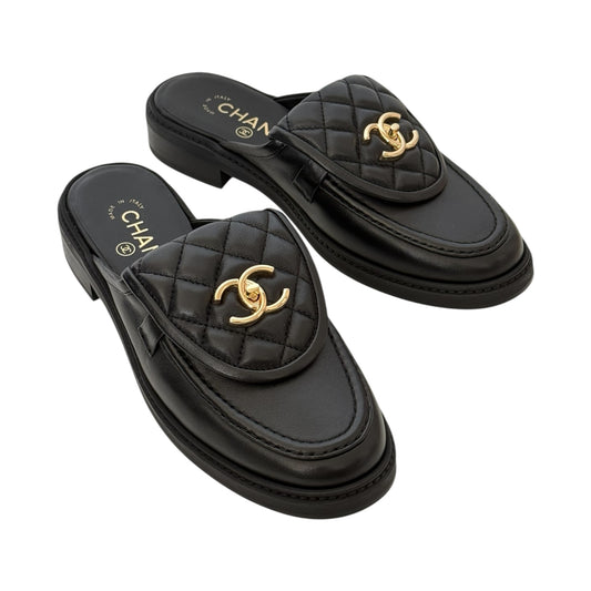 CHANEL CC BLACK TURNLOCK MULES - 39