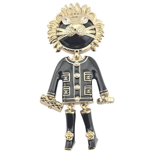 CHANEL ENAMEL CRYSTAL PEARL CC LION BROOCH BLACK WHITE B22