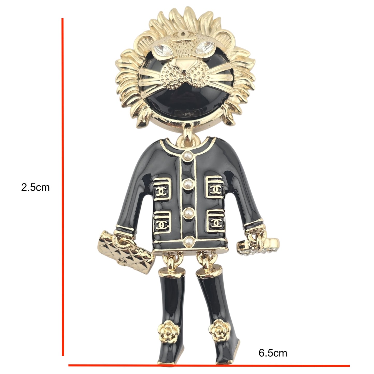 CHANEL ENAMEL CRYSTAL PEARL CC LION BROOCH BLACK WHITE B22