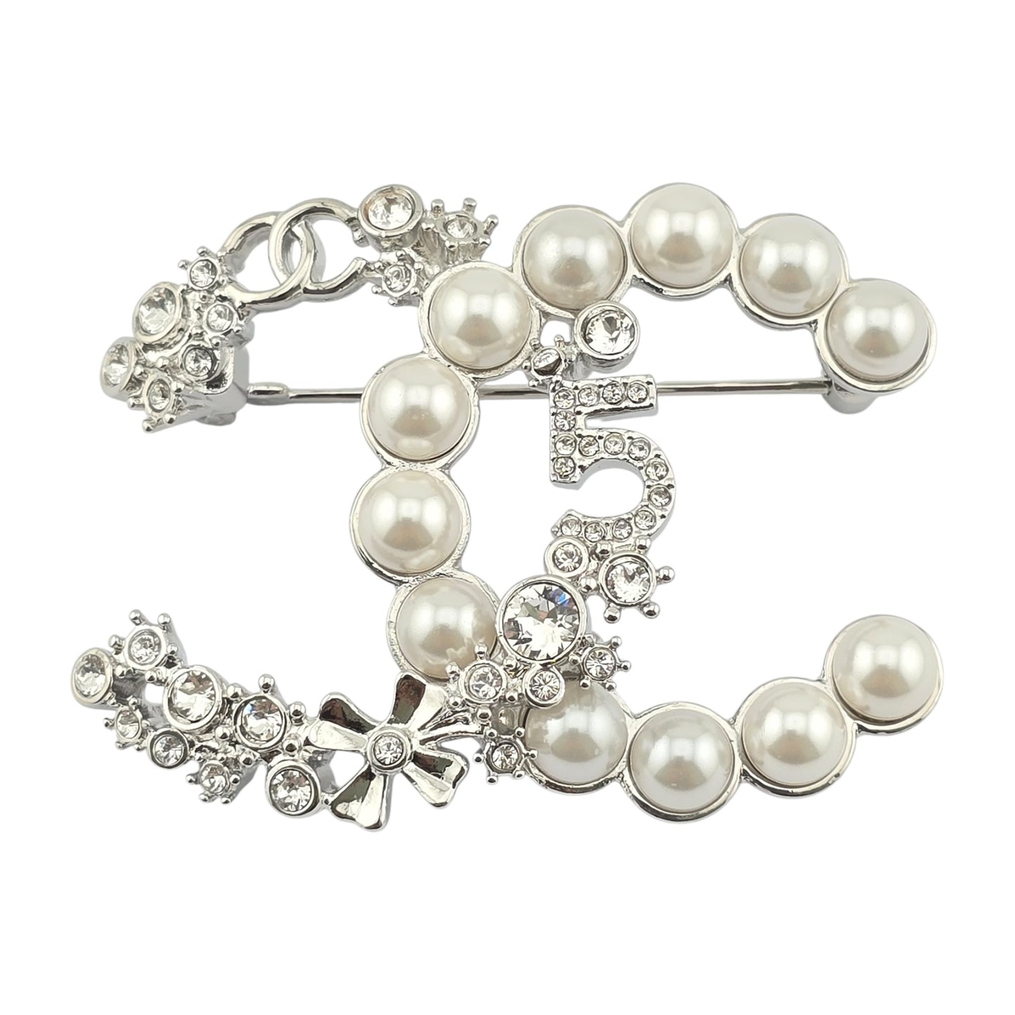 CHANEL SILVER FAUX PEARL CRYSTAL NO 5 CC BROOCH B23