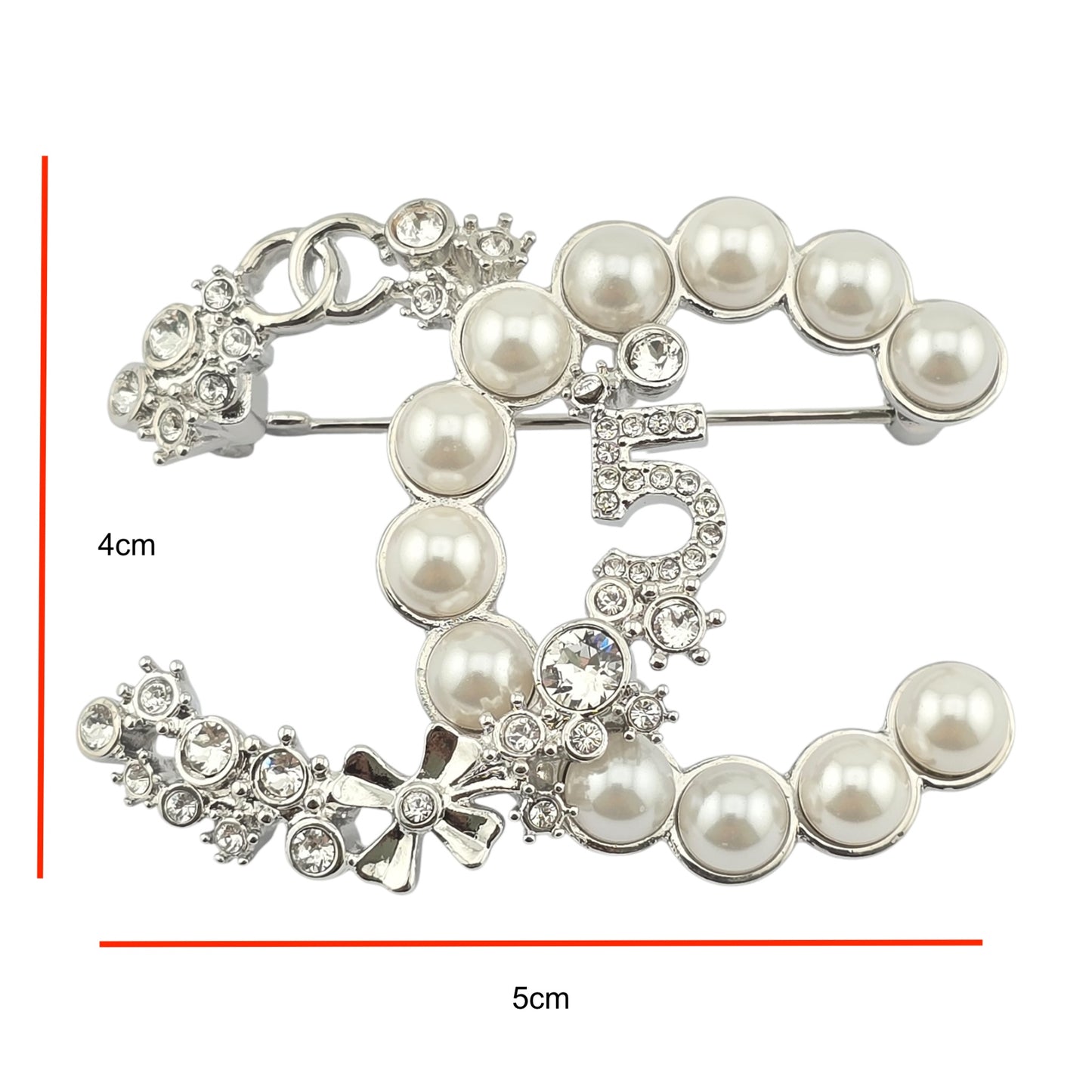 CHANEL SILVER FAUX PEARL CRYSTAL NO 5 CC BROOCH B23
