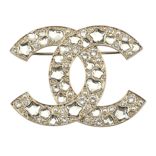 CHANEL GOLD CRYSTAL STAR HEART BROOCH F25