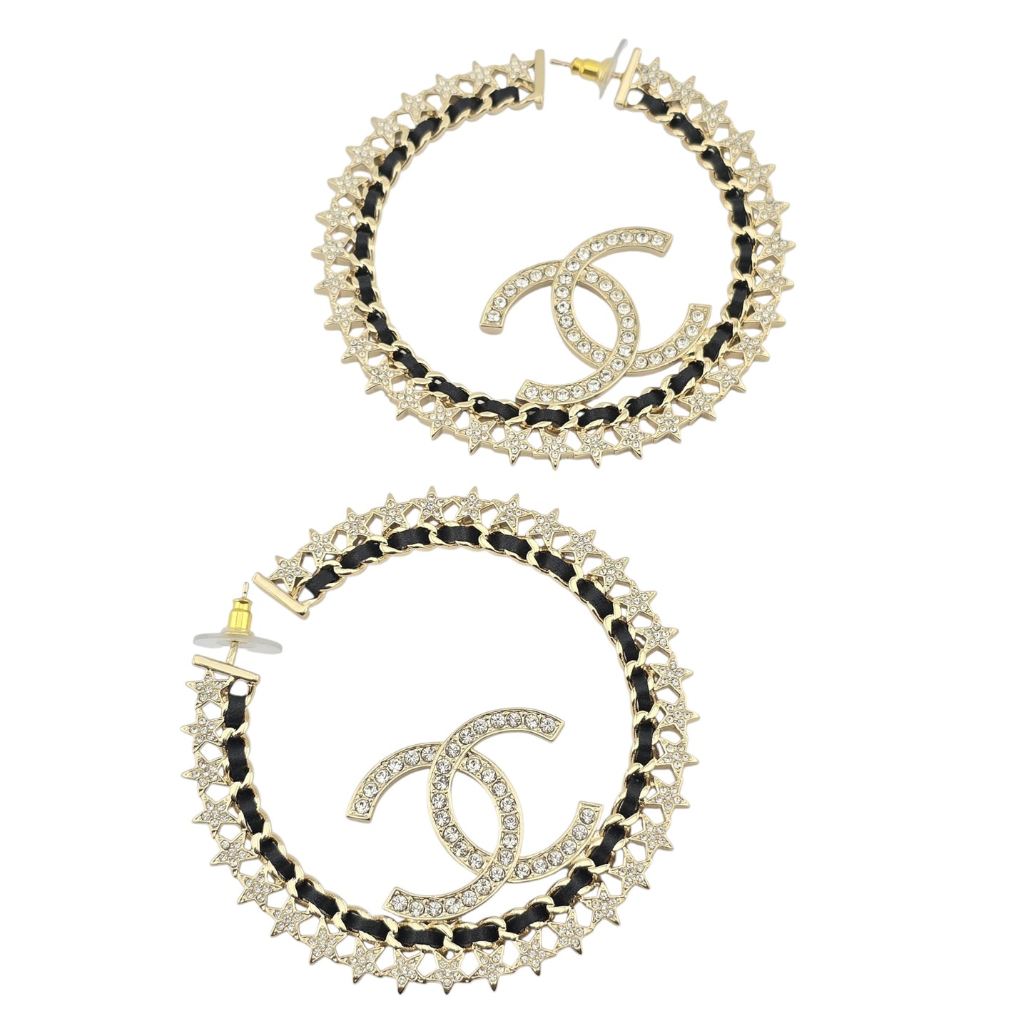 CHANEL LAMBSKIN GOLD CC CRYSTAL HOOP EARRINGS B23