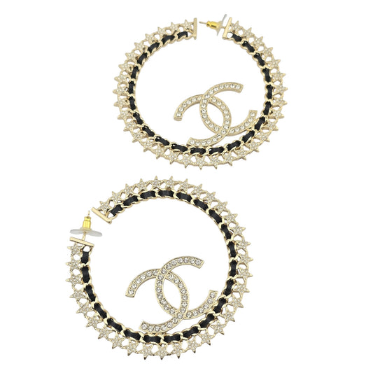CHANEL LAMBSKIN GOLD CC CRYSTAL HOOP EARRINGS B23