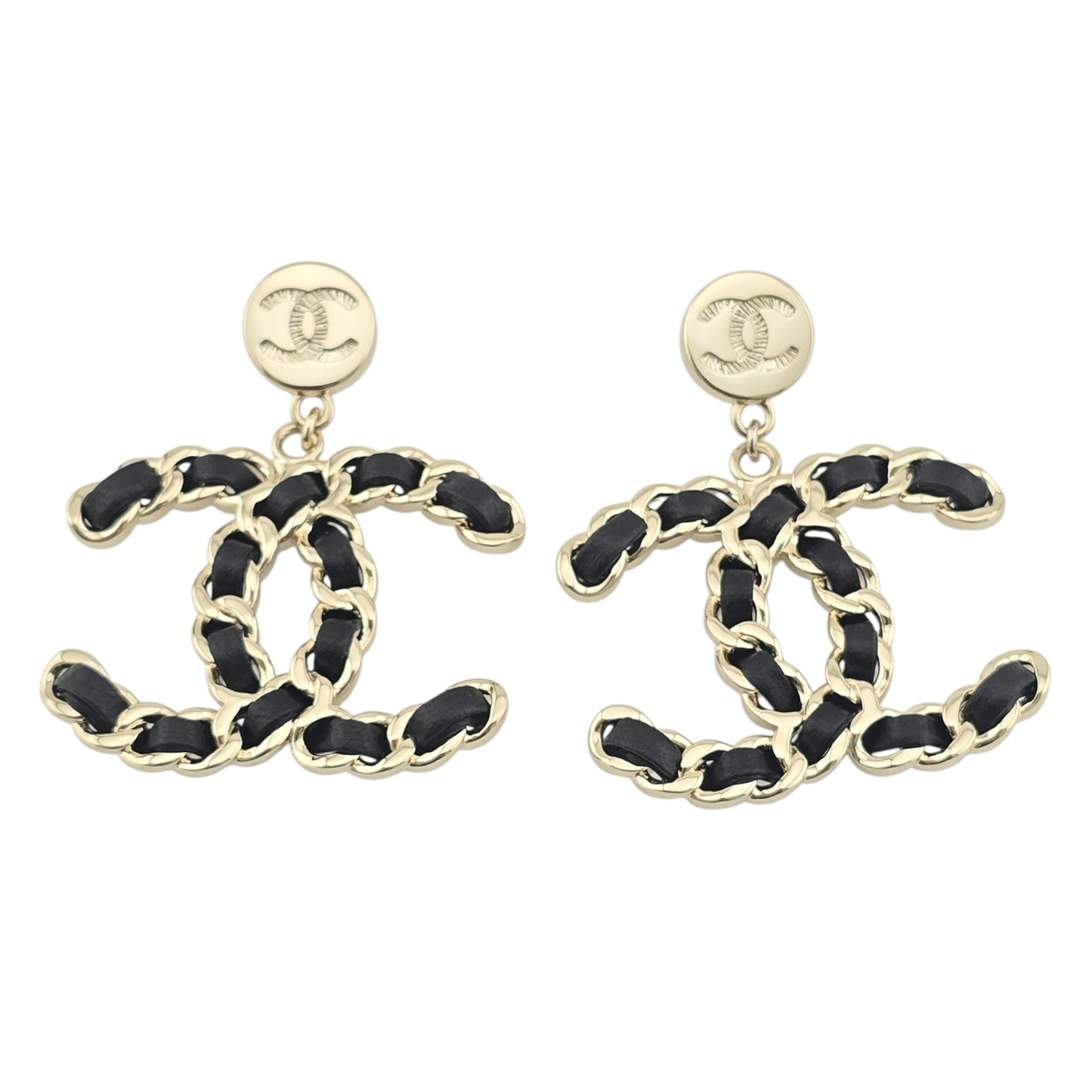CHANEL GOLD BLACK LEATHER CC EARRINGS B25