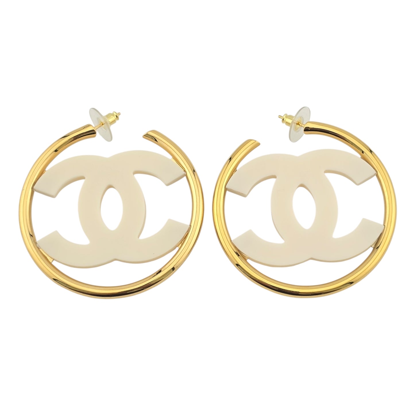 CHANEL WHITE RESIN HOOP CC EARRINGS B24