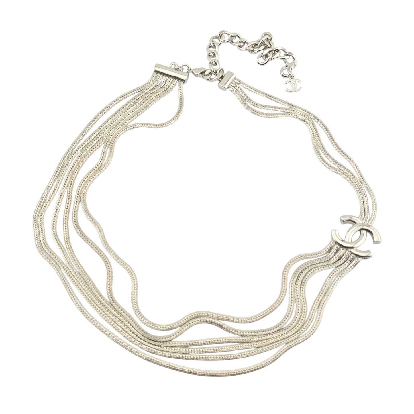 CHANEL SILVER MULTI-CHAIN CC NECKLACE A24