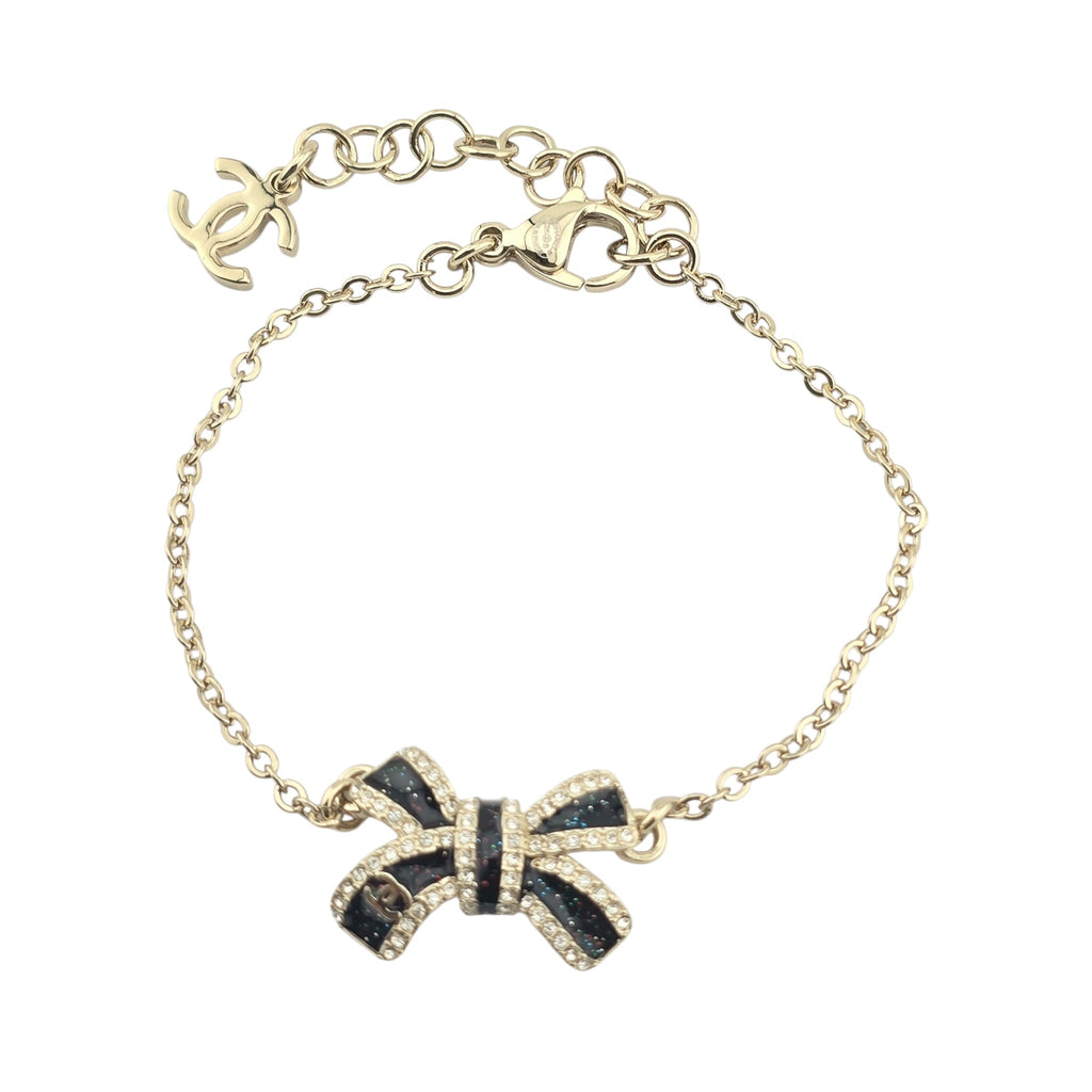 Chanel CC Gold Crystal Enamel Bow Bracelet 2025