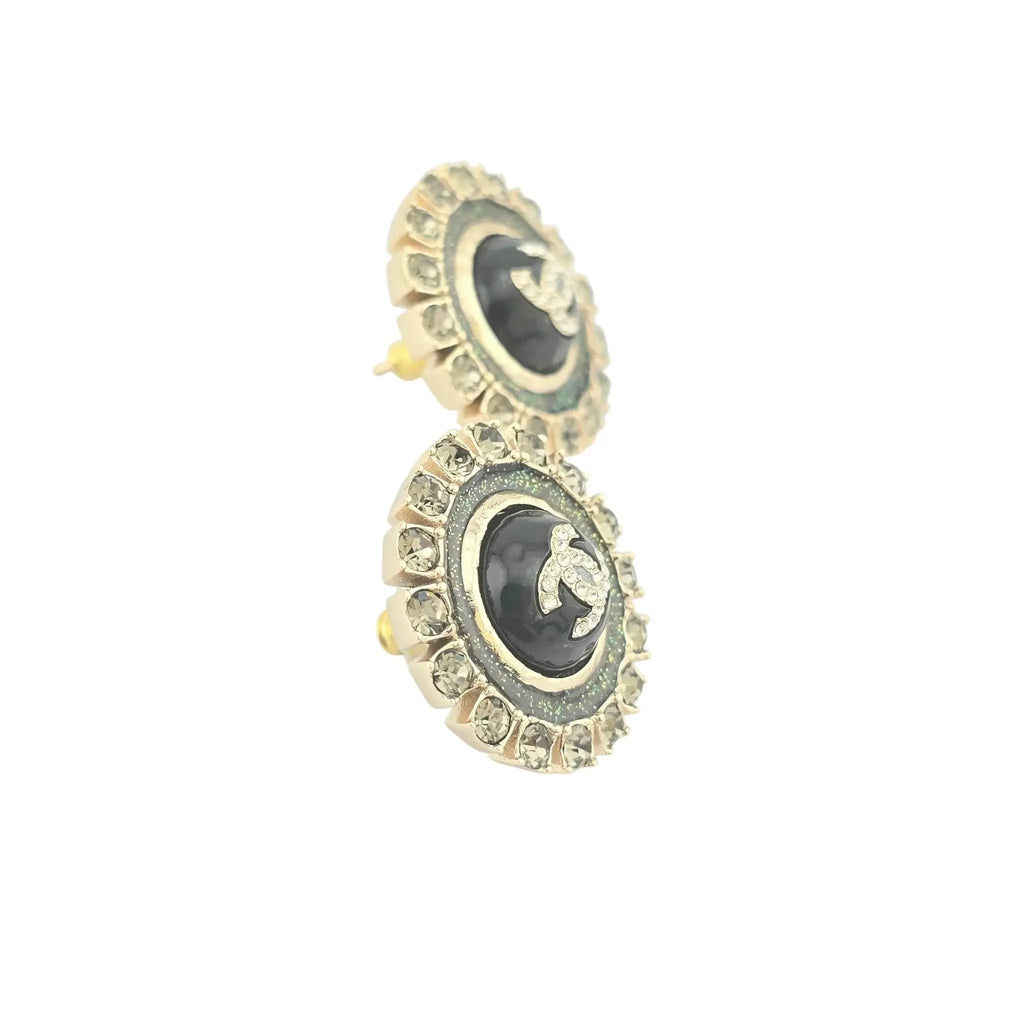 Chanel CC Crystal/Enamel Metallic Round Earrings CHANEL