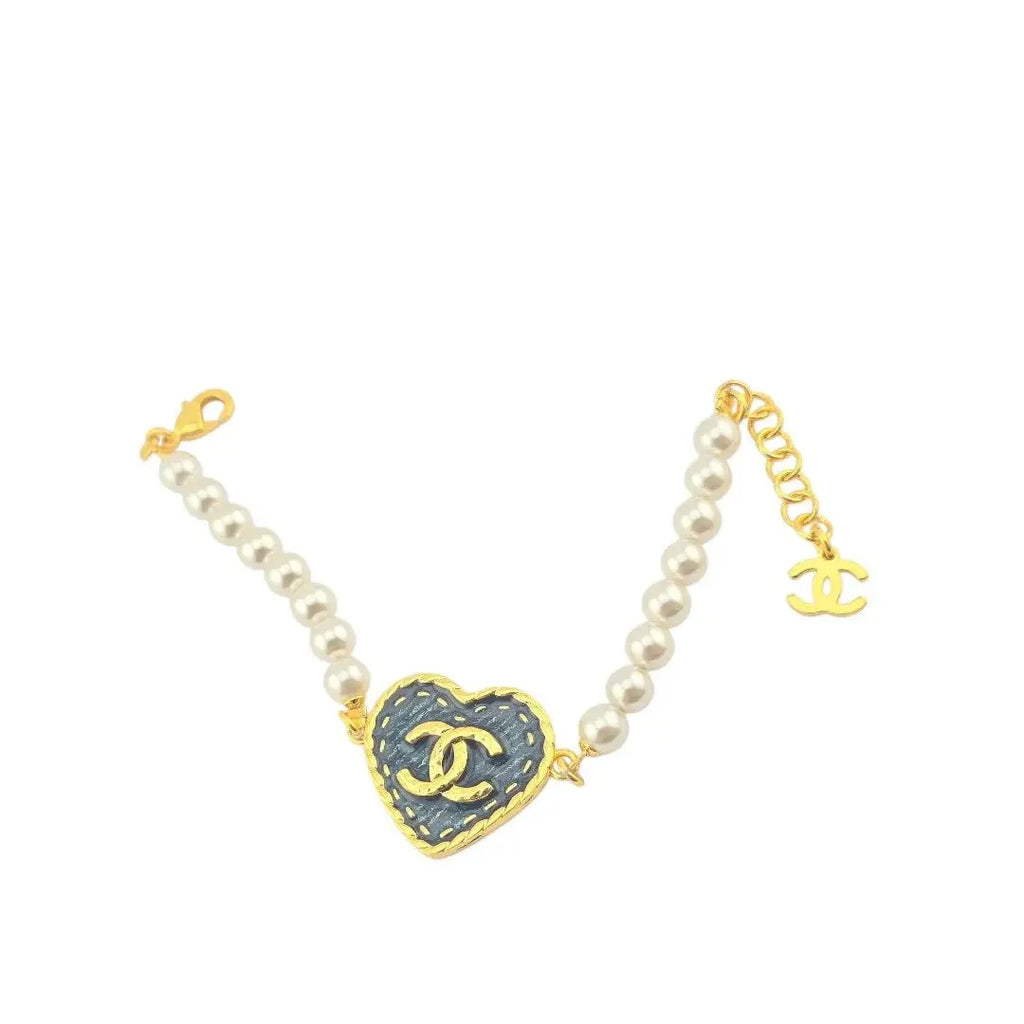 Chanel CC Faux Pearl Heart Denim Bracelet 24SS CHANEL