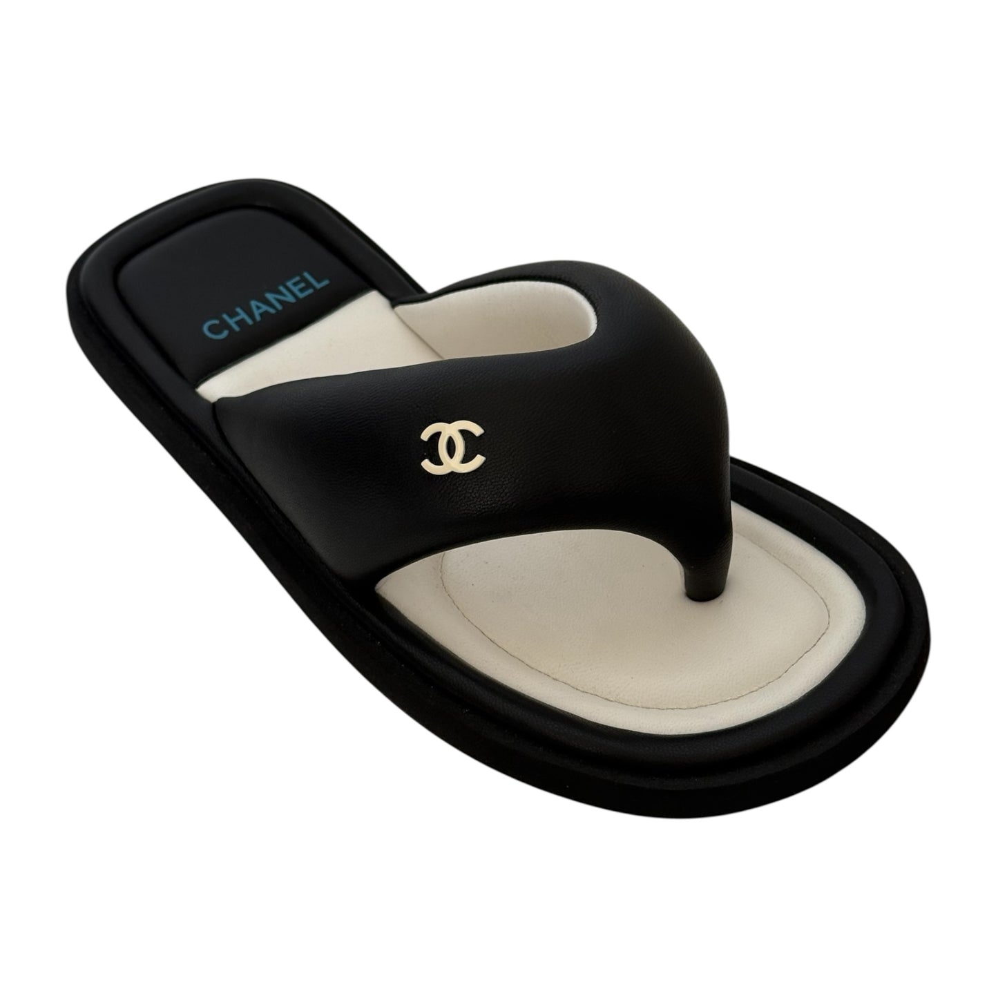 CHANEL CC LAMBSKIN PADDED BLACK THONG SANDALS - 39