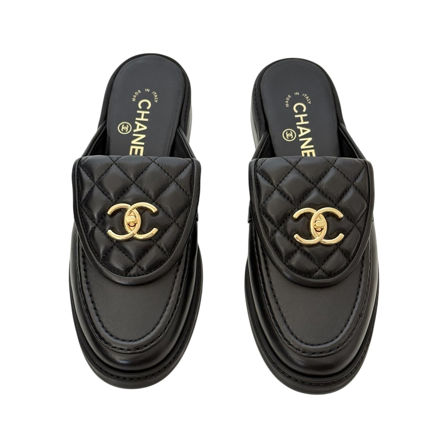CHANEL CC BLACK TURNLOCK MULES - 39