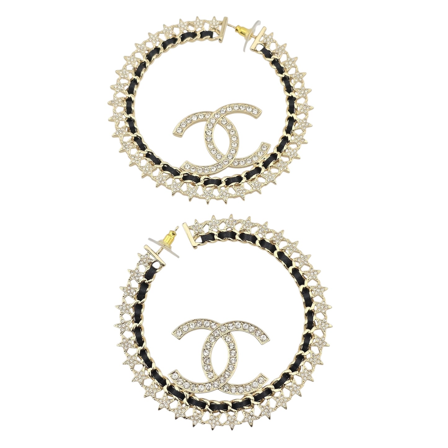 CHANEL LAMBSKIN GOLD CC CRYSTAL HOOP EARRINGS B23