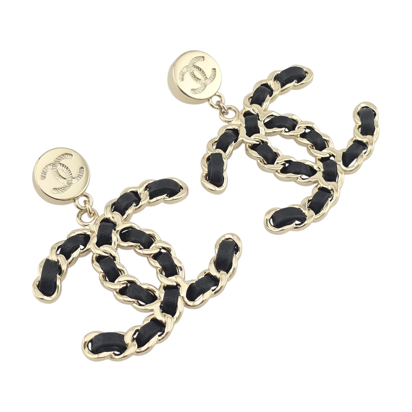 CHANEL GOLD BLACK LEATHER CC EARRINGS B25