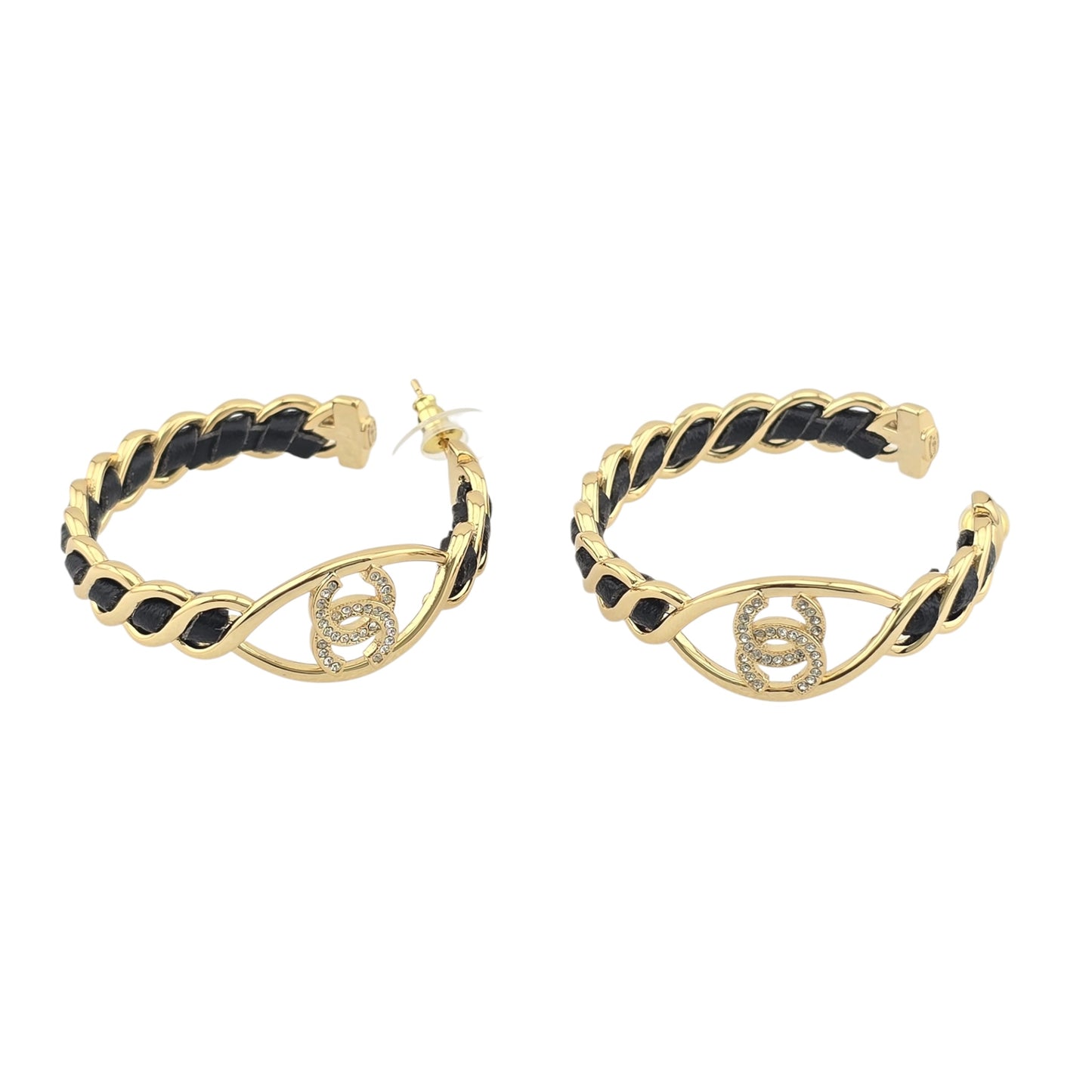 CHANEL HOOP BLACK LAMBSKIN GOLD CC EARRINGS I24