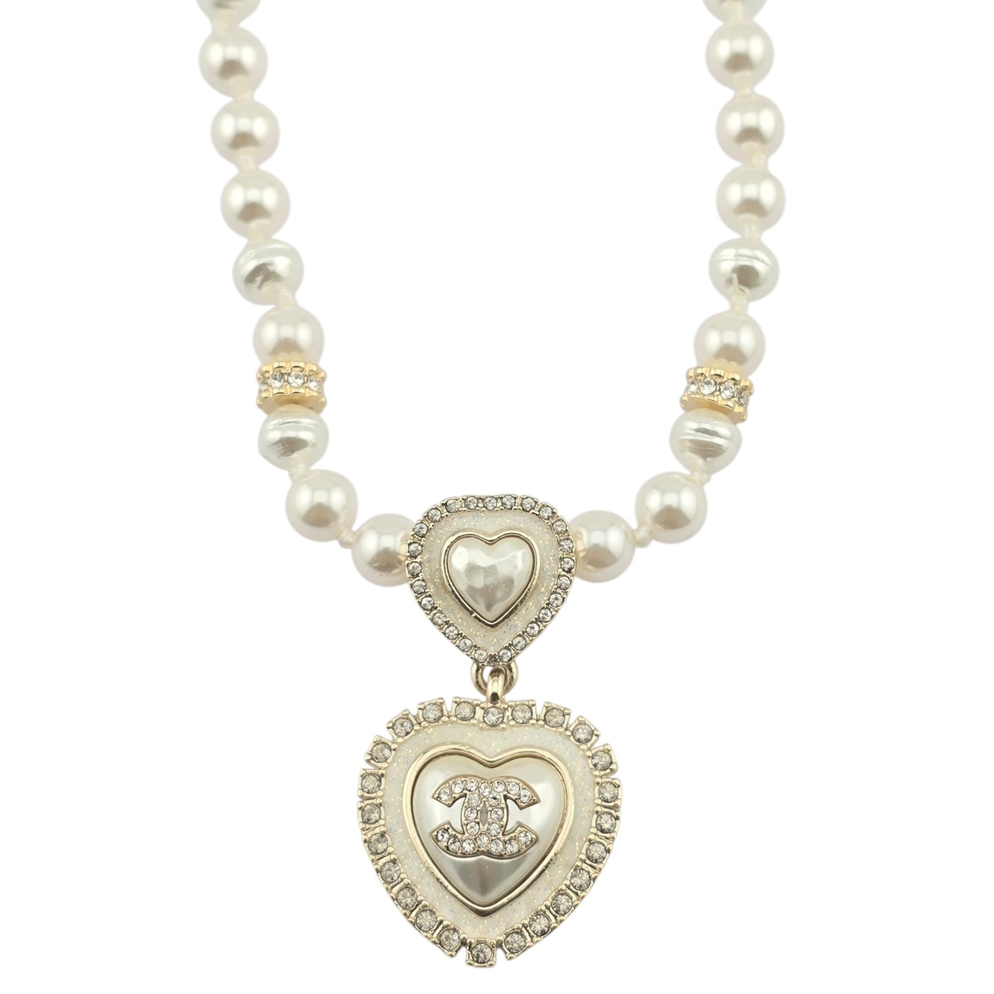 CHANEL FAUX PEARL HEART CC CHOKER NECKLACE C24