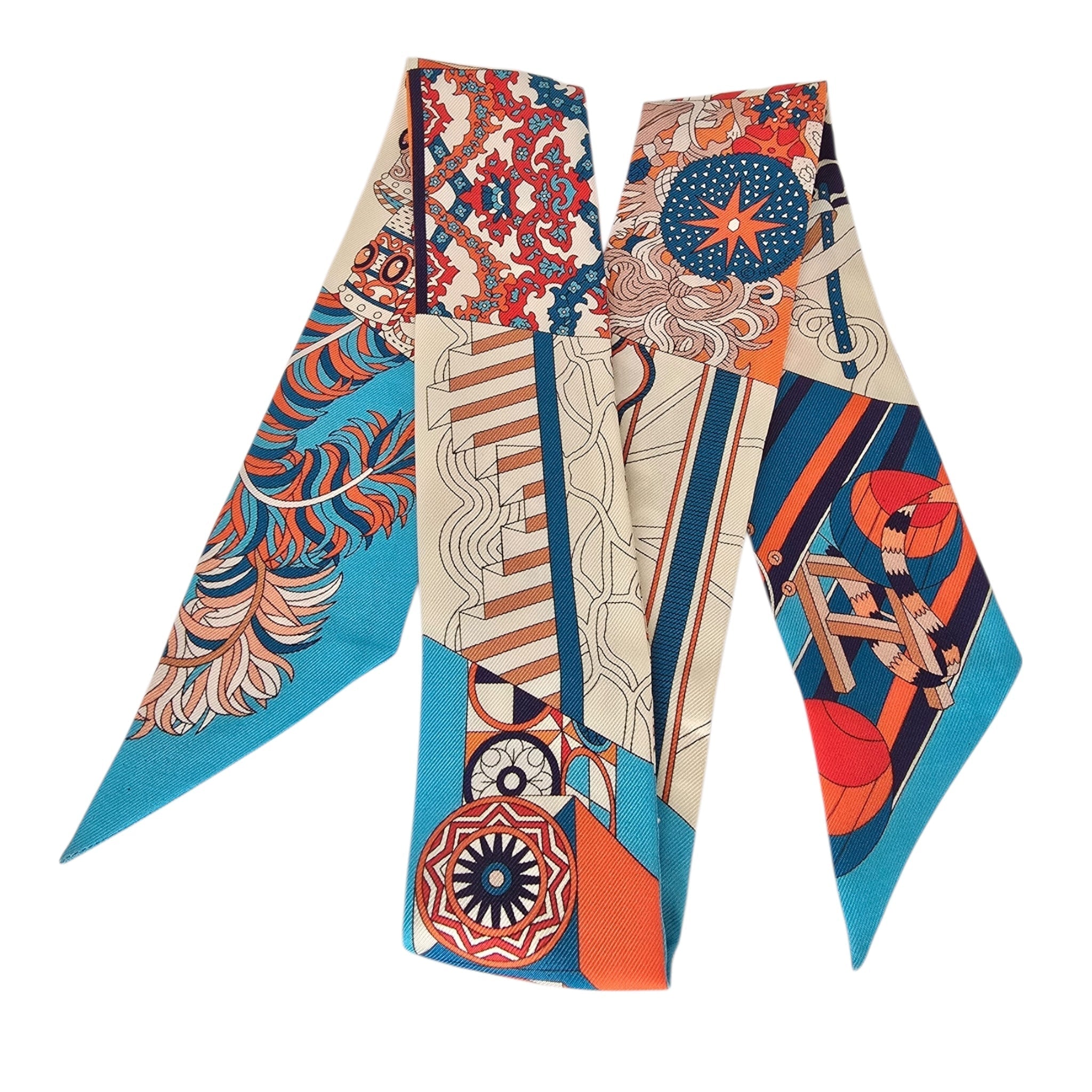 Hermes Silk Twilly De L’Ombrelle Aux Duels Blue Potiron and Creme HERMES