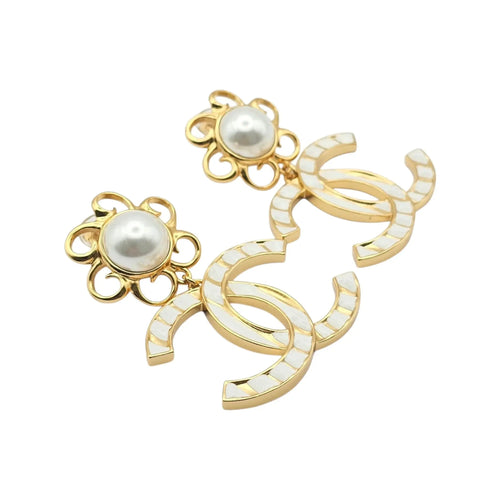Chanel 23C XL Gold White Stripe Clip On Dangle Drop Earrings CHANEL