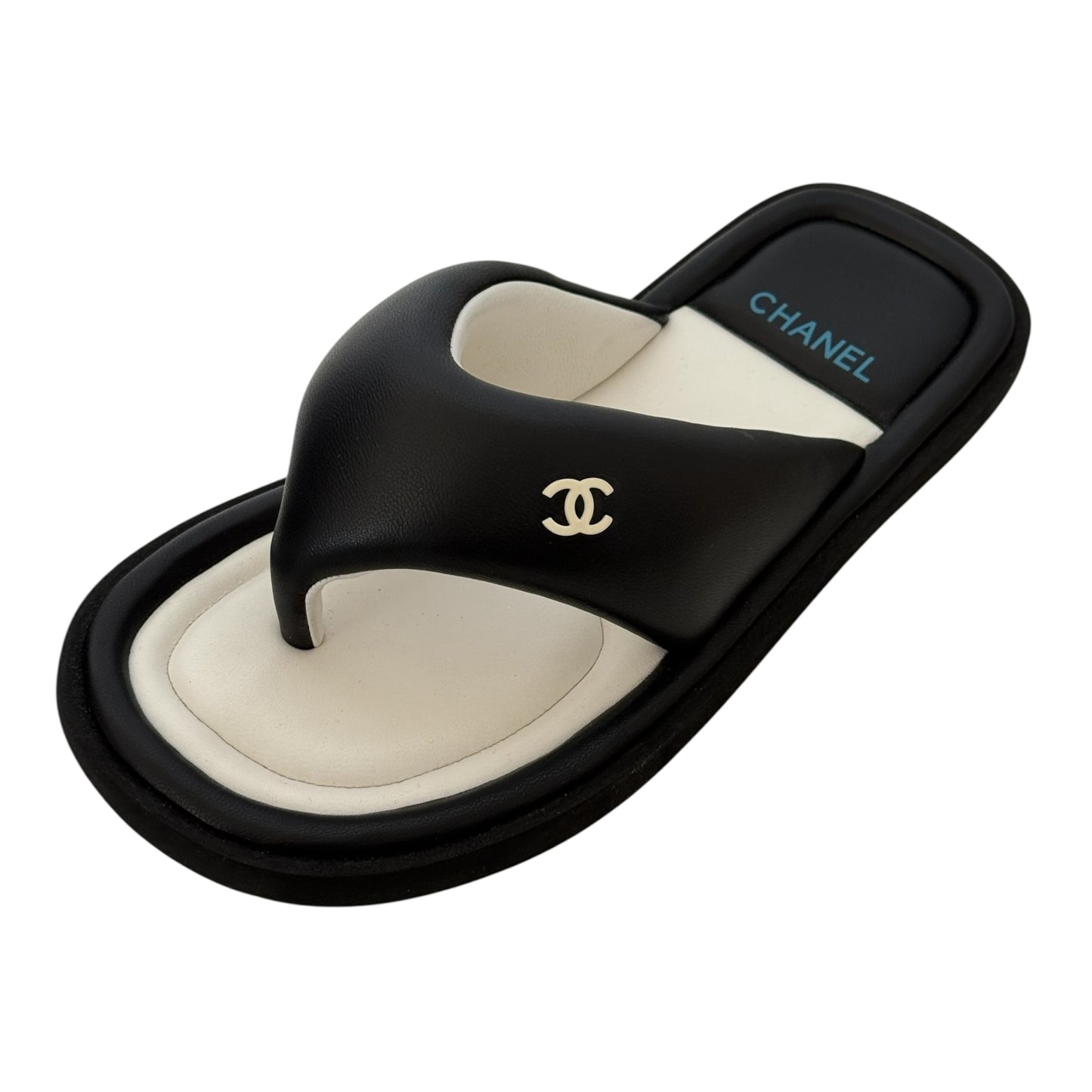 CHANEL CC LAMBSKIN PADDED BLACK THONG SANDALS - 39