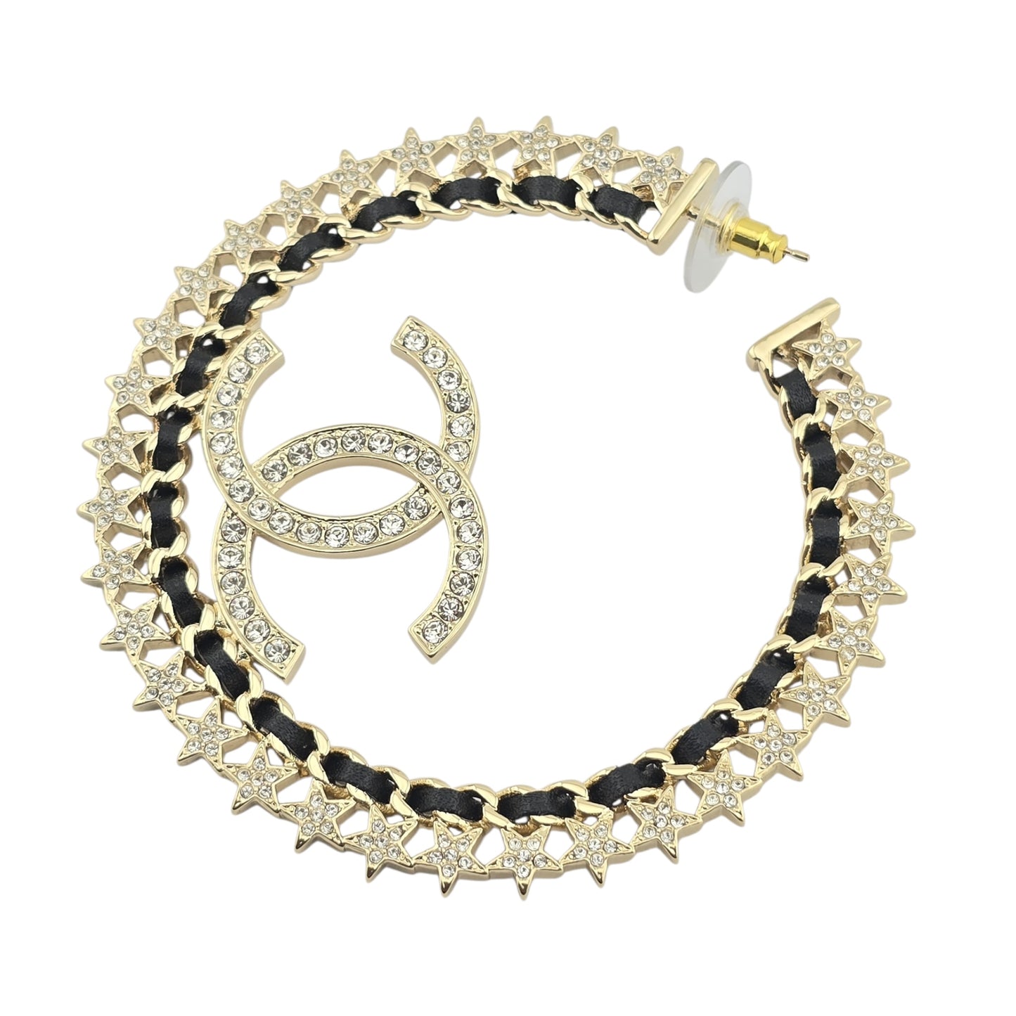 CHANEL LAMBSKIN GOLD CC CRYSTAL HOOP EARRINGS B23